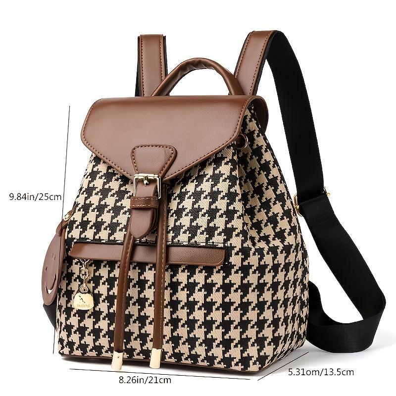 Houndstooth Flap Backpack Drawstring Daypack Women's Travel School Bag