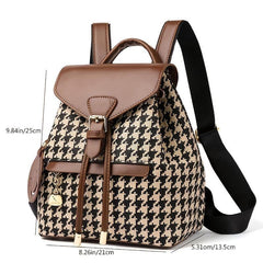 Houndstooth Flap Backpack Drawstring Daypack Women's Travel School Bag