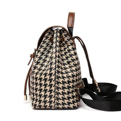 Houndstooth Flap Backpack Drawstring Daypack Women's Travel School Bag