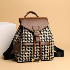 Houndstooth Flap Backpack Drawstring Daypack Women's Travel School Bag