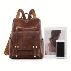 Large Capacity Retro Backpack Versatile PU Leather Zip Women's Casual Backpack