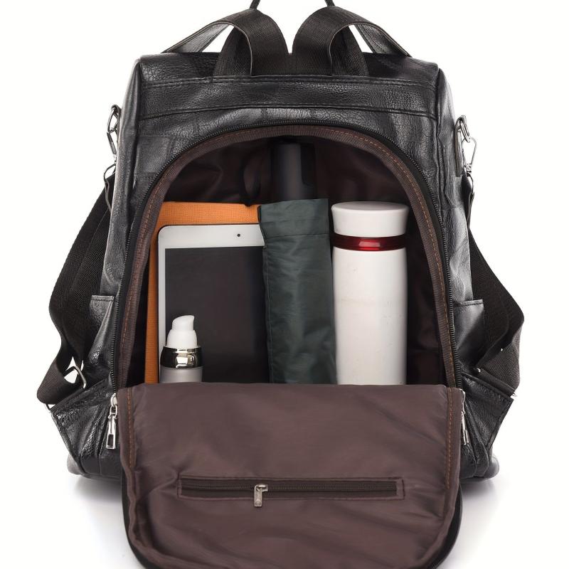Vintage Solid Backpack Zipper Classic Rucksack With Detachable Strap Women's