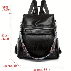 Vintage Solid Backpack Zipper Classic Rucksack With Detachable Strap Women's