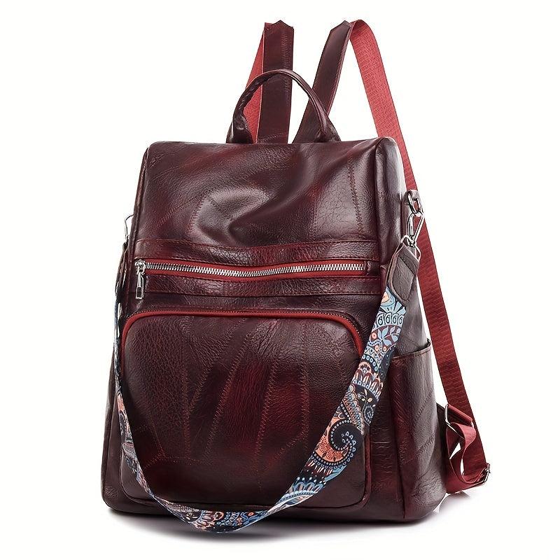 Vintage Solid Backpack Zipper Classic Rucksack With Detachable Strap Women's