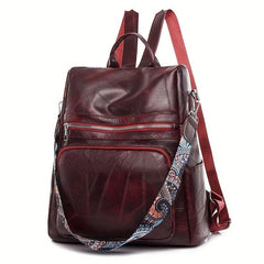 Vintage Solid Backpack Zipper Classic Rucksack With Detachable Strap Women's