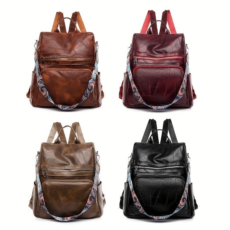 Vintage Solid Backpack Zipper Classic Rucksack With Detachable Strap Women's