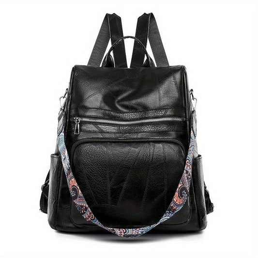 Vintage Solid Backpack Zipper Classic Rucksack With Detachable Strap Women's