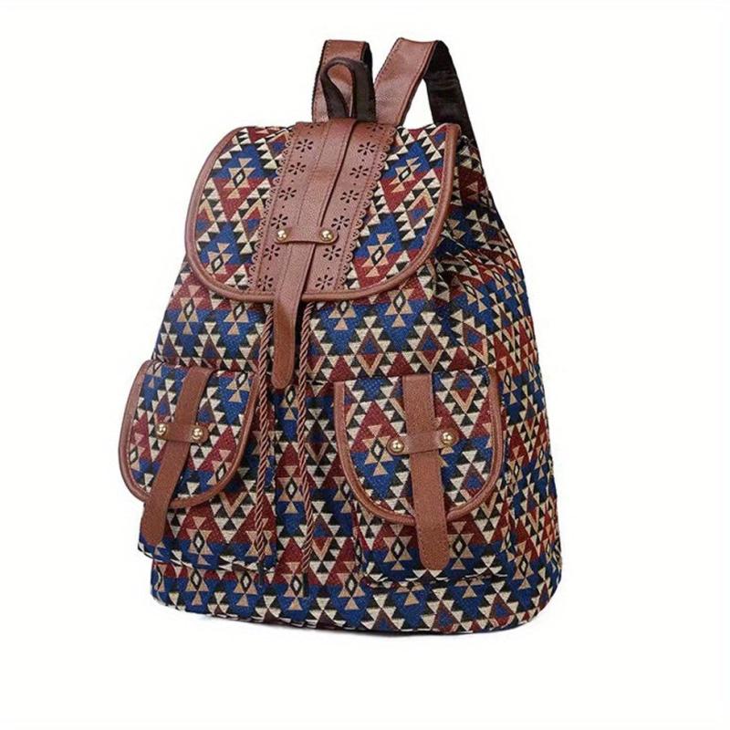 Vintage Canvas Argyle Pattern Flap Backpack for Women