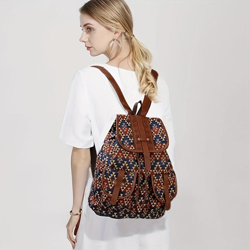 Vintage Canvas Argyle Pattern Flap Backpack for Women