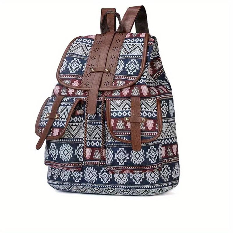 Vintage Canvas Argyle Pattern Flap Backpack for Women
