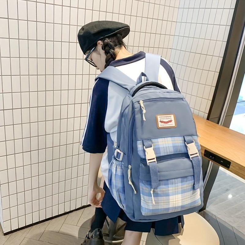 Plaid Large Capacity Backpack Nylon Durable Lightweight School Travel Bag