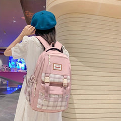 Plaid Large Capacity Backpack Nylon Durable Lightweight School Travel Bag