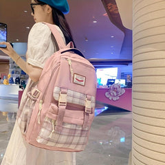 Plaid Large Capacity Backpack Nylon Durable Lightweight School Travel Bag