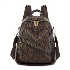 Vintage Letter Printed Backpack PU Leather Casual Travel Bag