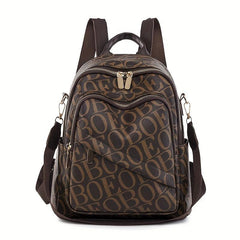 Vintage Letter Printed Backpack PU Leather Casual Travel Bag