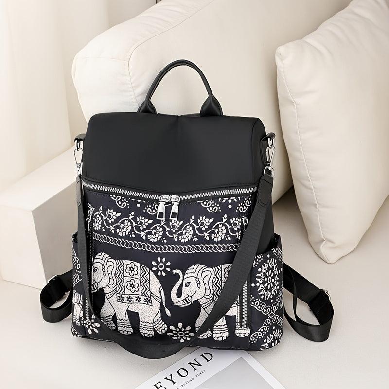 Elephant Graphic Backpack Purse Ethnic Style Nylon Bookbag Convertible
