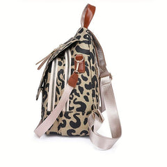 Leopard Pattern Flap Backpack Vintage School Bag for Women