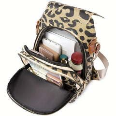 Leopard Pattern Flap Backpack Vintage School Bag for Women