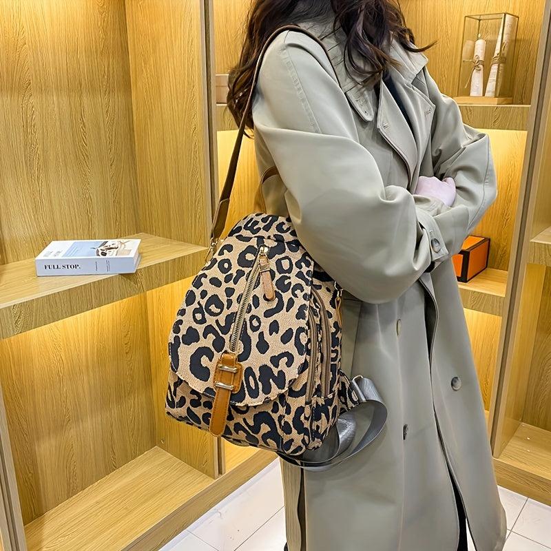 Leopard Pattern Flap Backpack Vintage School Bag for Women