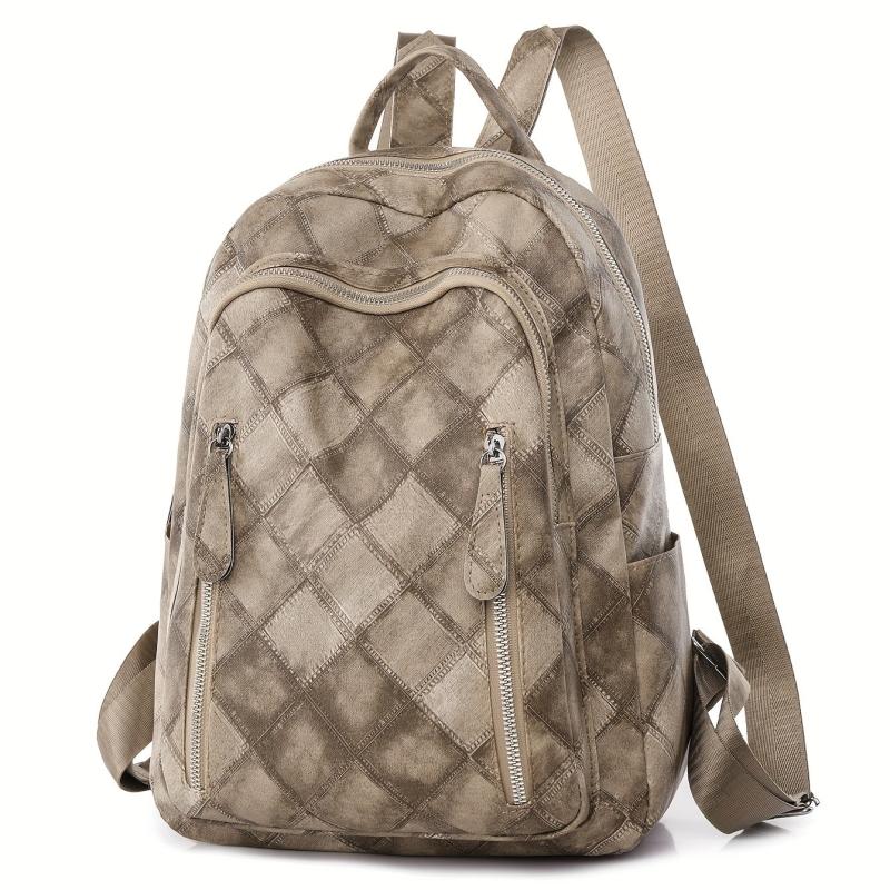 Retro Style Argyle Pattern Backpack Faux Leather Travel School Bag