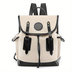 Vintage Contrast Flap Backpack Lightweight School Bag Drawstring Daypack