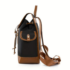 Vintage Contrast Flap Backpack Lightweight School Bag Drawstring Daypack