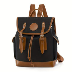 Vintage Contrast Flap Backpack Lightweight School Bag Drawstring Daypack