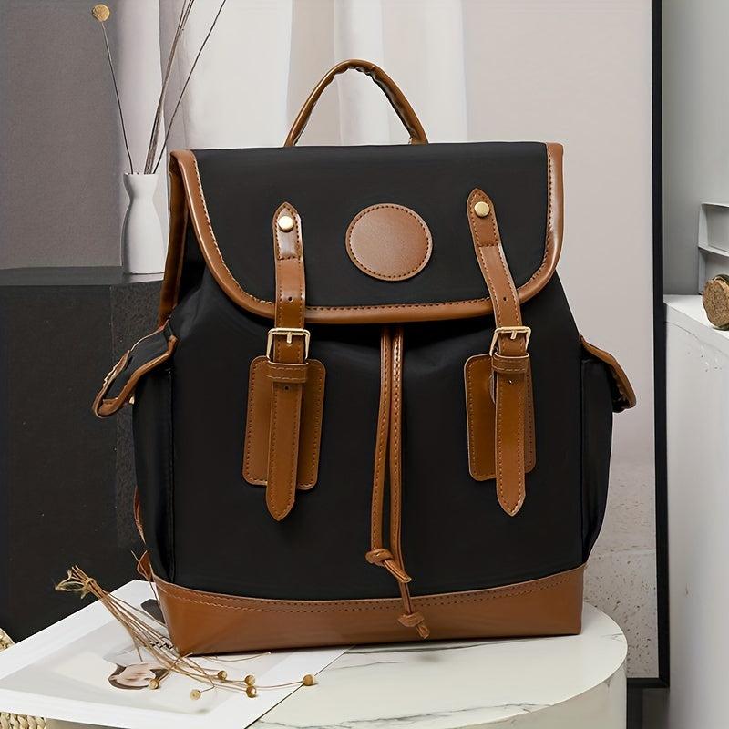 Vintage Contrast Flap Backpack Lightweight School Bag Drawstring Daypack