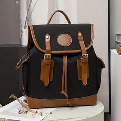 Vintage Contrast Flap Backpack Lightweight School Bag Drawstring Daypack