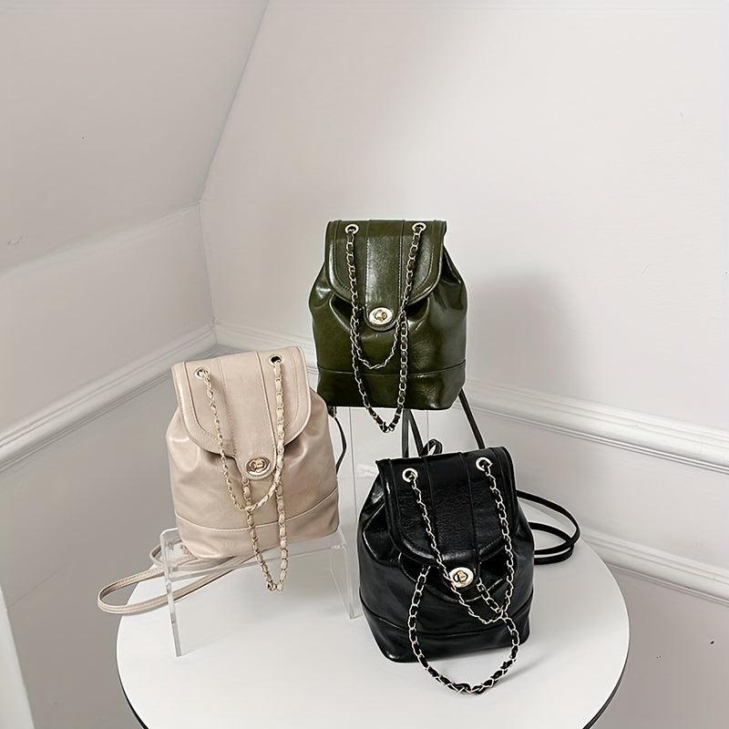 Vintage Mini Backpack Women PU Leather Chain Strap Daypack