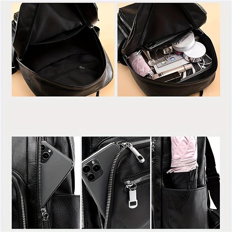 Large Capacity Zipper Backpack PU Leather Textured School Travel Bag