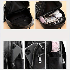 Large Capacity Zipper Backpack PU Leather Textured School Travel Bag