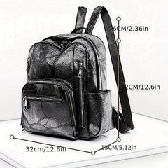 Large Capacity Zipper Backpack PU Leather Textured School Travel Bag
