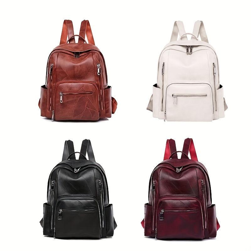 Large Capacity Zipper Backpack PU Leather Textured School Travel Bag