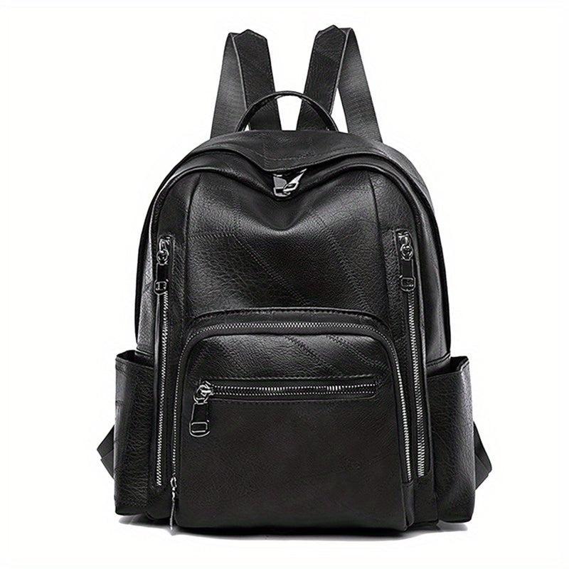 Large Capacity Zipper Backpack PU Leather Textured School Travel Bag