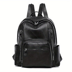 Large Capacity Zipper Backpack PU Leather Textured School Travel Bag