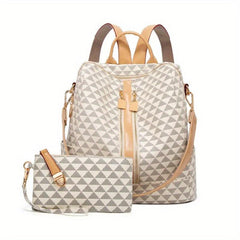 Check Pattern Backpack PU Leather Travel Satchel Handbag With Purse