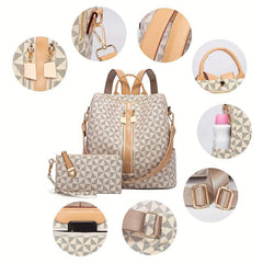 Check Pattern Backpack PU Leather Travel Satchel Handbag With Purse