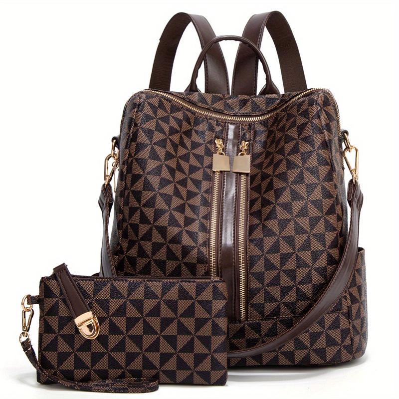 Check Pattern Backpack PU Leather Travel Satchel Handbag With Purse