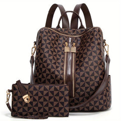 Check Pattern Backpack PU Leather Travel Satchel Handbag With Purse