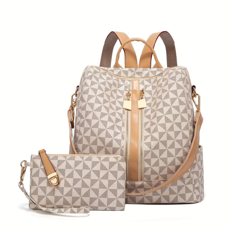 Check Pattern Backpack PU Leather Travel Satchel Handbag With Purse