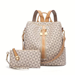 Check Pattern Backpack PU Leather Travel Satchel Handbag With Purse