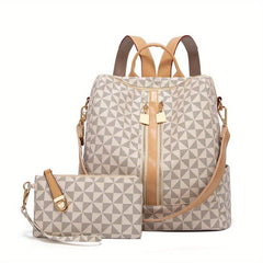 Check Pattern Backpack PU Leather Travel Satchel Handbag With Purse