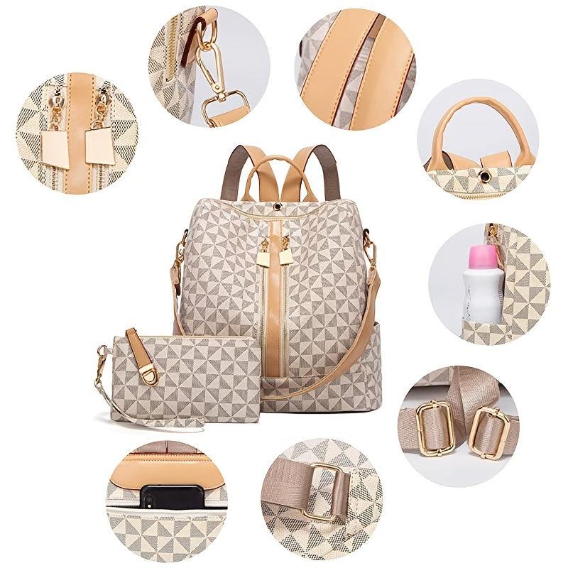 Geometric Pattern Backpack Purse Shoulder Bag With Clutch Coin Purse