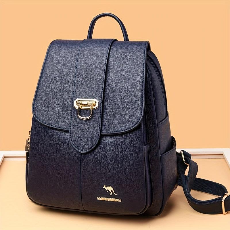 Metal Decor Flap Backpack PU Leather Daypack Women's Travel School Bag
