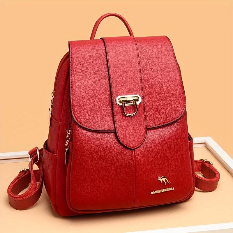 Metal Decor Flap Backpack PU Leather Daypack Women's Travel School Bag