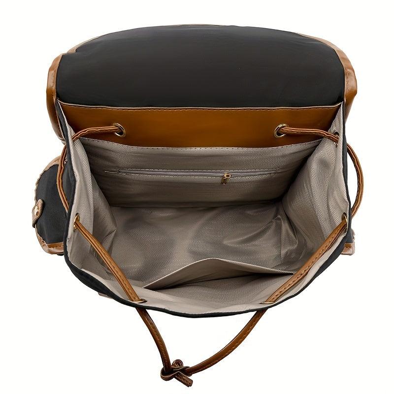 British Style Contrast Backpack Drawstring Flap Daypack