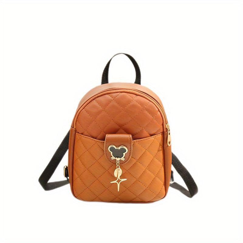 Mini Argyle Quilted Backpack Metal Mouse Decor Daypack Sweet Travel School Bag