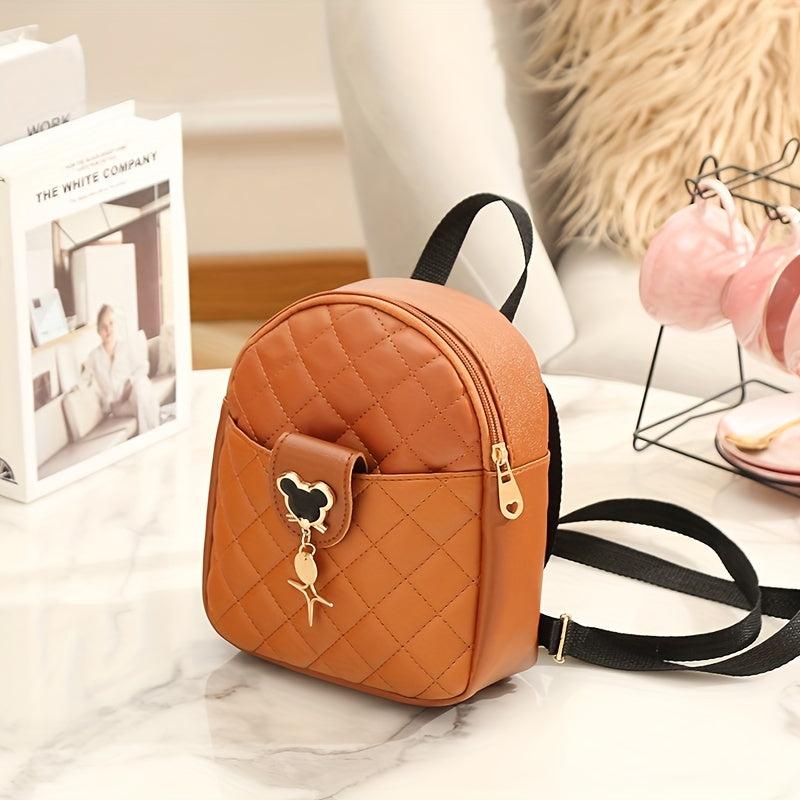 Mini Argyle Quilted Backpack Metal Mouse Decor Daypack Sweet Travel School Bag