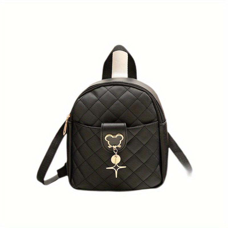 Mini Argyle Quilted Backpack Metal Mouse Decor Daypack Sweet Travel School Bag